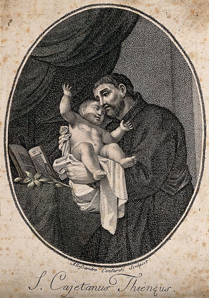 Saint Gaetano Tiene holding the infant Christ. Stipple engraving by A. Contardi, ca. 1810.