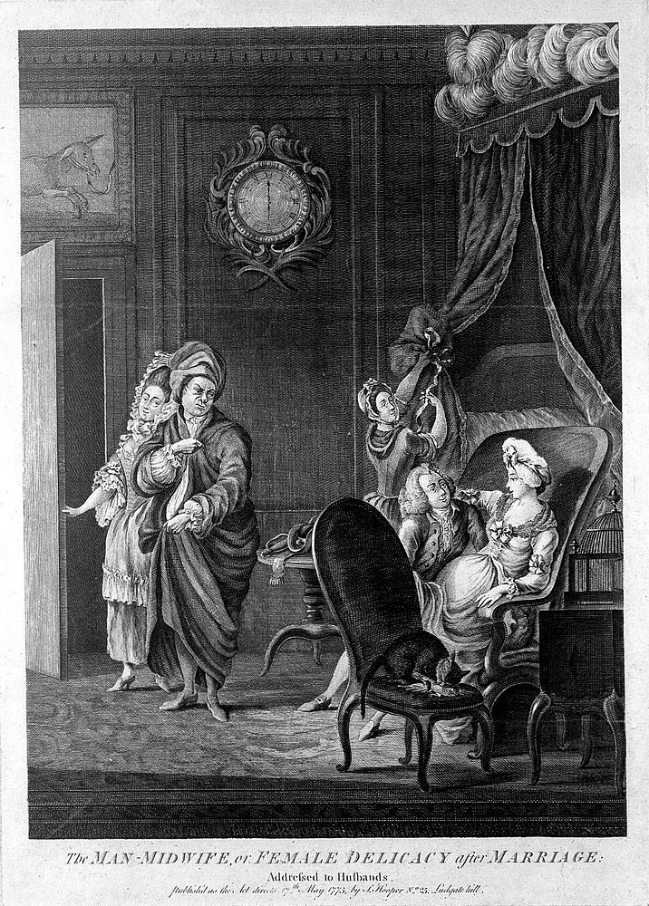 A male-midwife suggestively examines an attractive pregnant woman, her disgruntled husband is led out of the room by a…