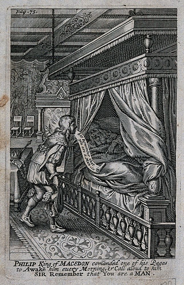 Philip, King of Macedon, is woken up by his page and reminded of his mortality. Engraving by John Payne, 1639.