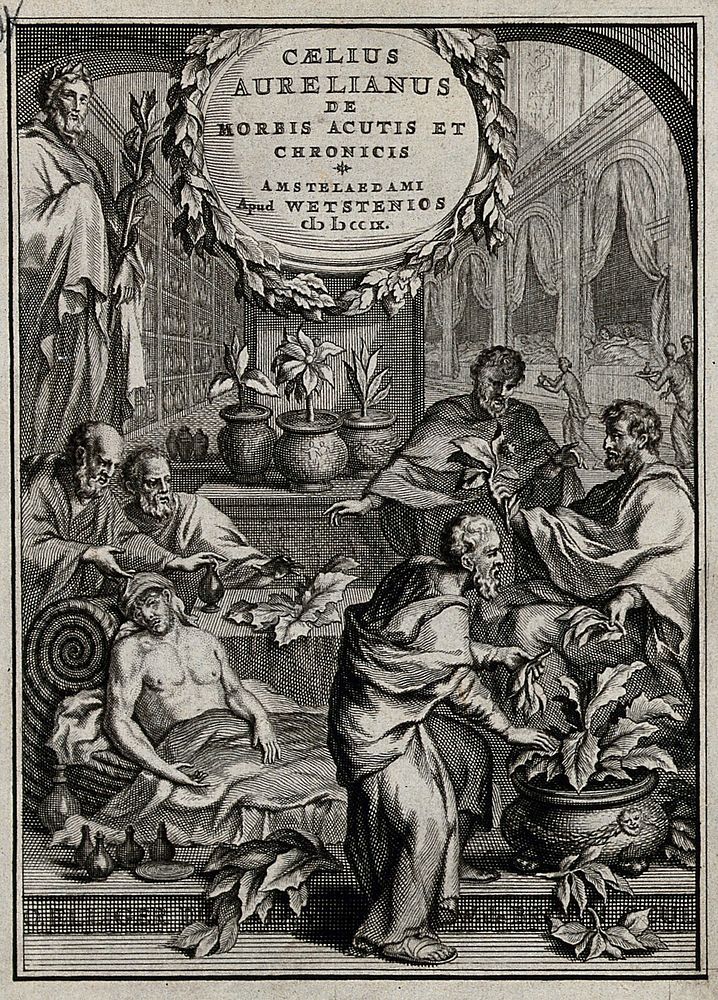 A sick man reclining on a couch, men gathering plants to cure him; a man holding a staff of Aesculapius in the background.…