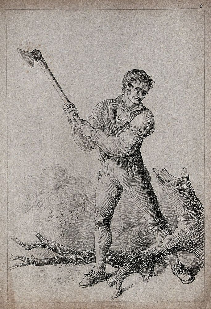 A man holding up an axe. Lithograph, 1813.