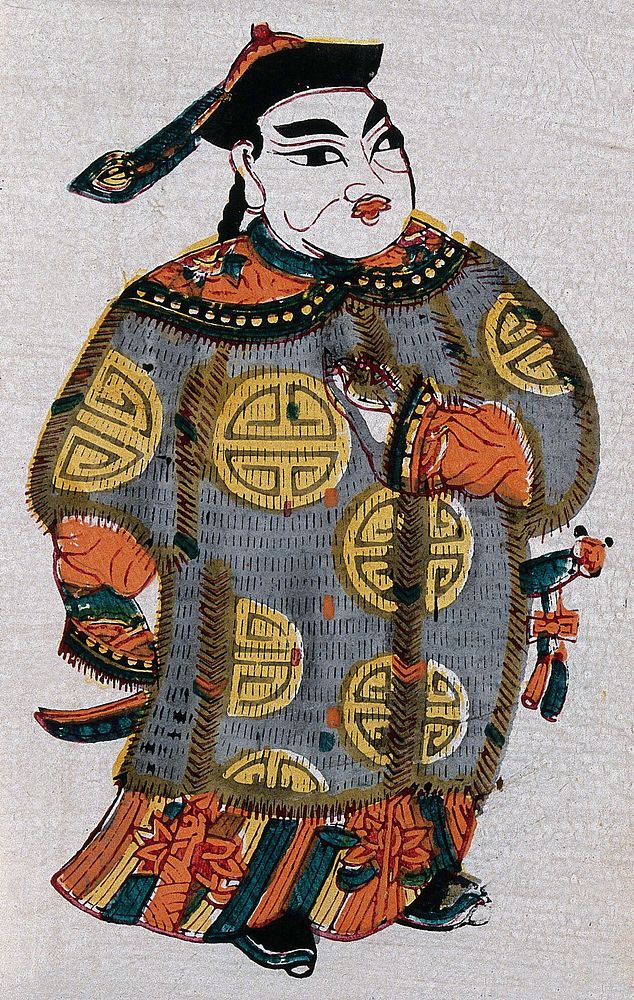 A Chinese talisman featuring a man in a fur coat. Colour woodcut by a Chinese artist.
