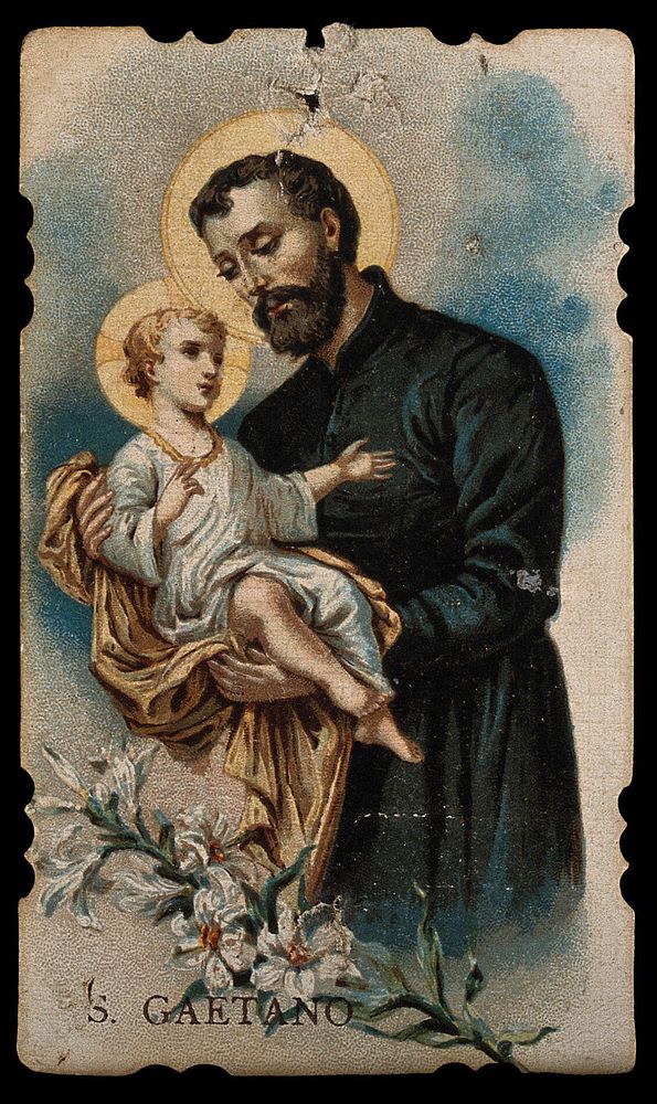 Saint Gaetano holding the infant Christ. Colour lithograph.