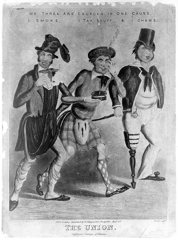 Tobacco: an Irishman, a Scot and an English sailor smoke, take snuff and chew respectively. Coloured aquatint by Hunt, c.…