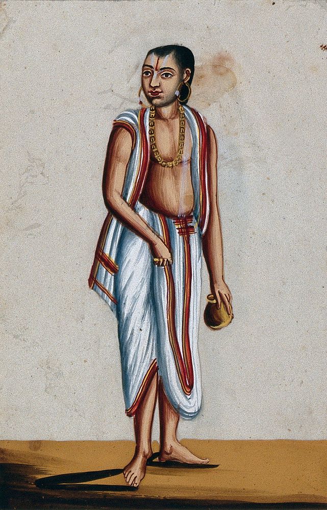 A Brahmin holding a pot. Gouache painting on mica by an Indian artist.