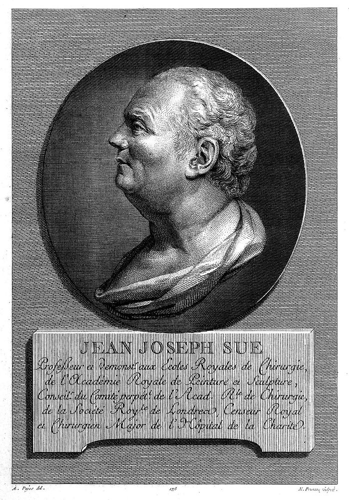 Jean Joseph Sue. Line engraving by N. Pruneau, 1775, after A. Pujos.