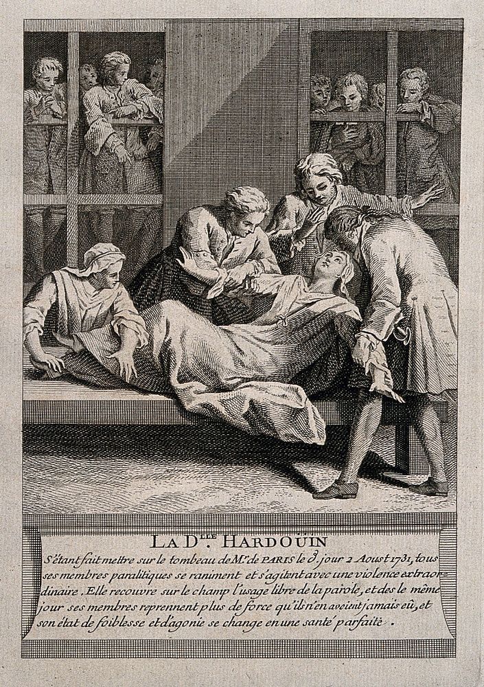 Mademoiselle Hardouin miraculously cured of her paralysis at the tomb of F. de Paris. Engraving.