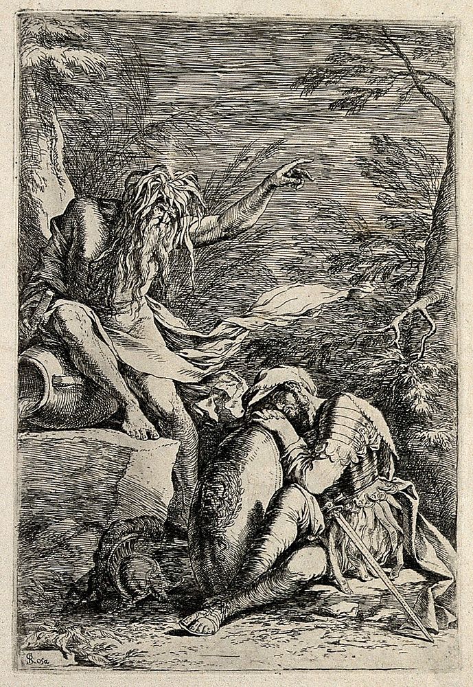 A man in ancient costume is sitting asleep in a wilderness near a Roman river god who points into the distance; representing…