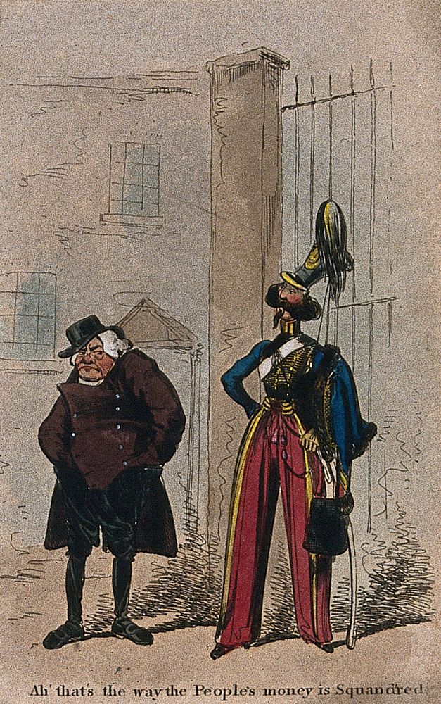 A man looking with annoyance at a hussar dressed in an expensive military uniform. Coloured etching.
