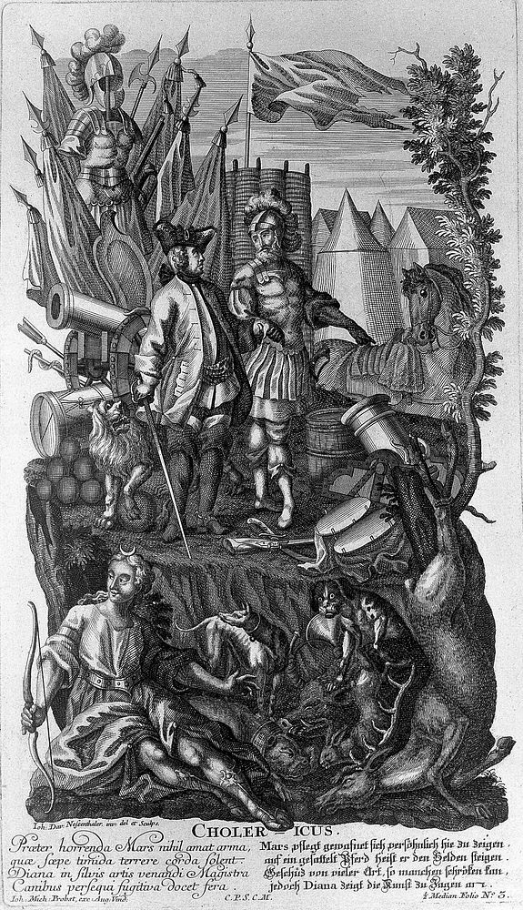 The goddess Diana presiding over military figures representing the choleric temperament. Etching by J.D. Nessenthaler, ca.…