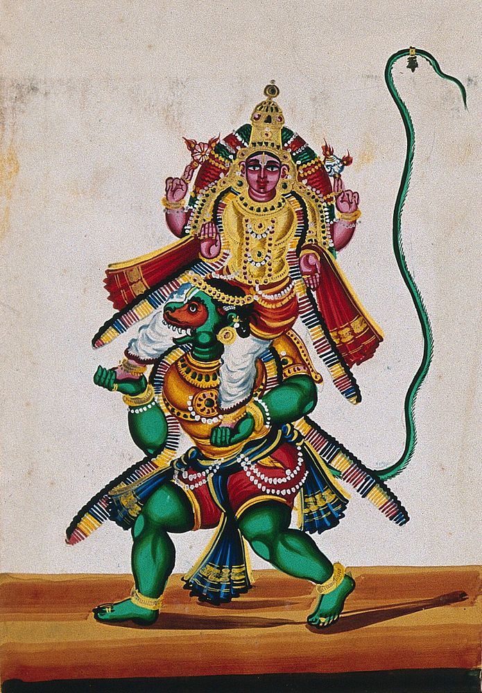 Hanuman, the monkey god carrying Lord Vishnu on his shoulders. Gouache painting by an Indian artist.