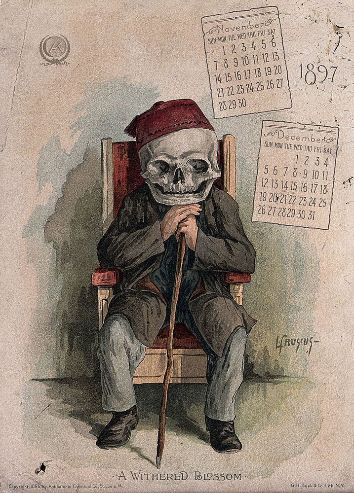 A skeleton dressed as an old man sits in his chair, holding a stick. Lithograph by L. Crusius, 1897.