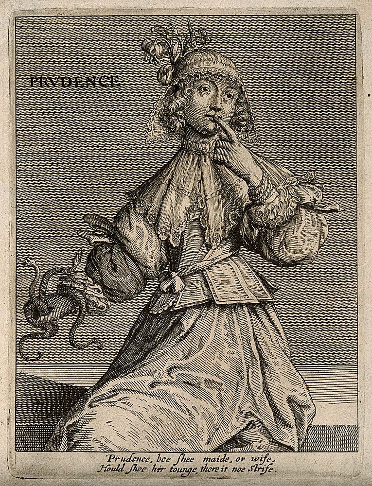A woman with two serpents holding her finger to her lips; representing prudence. Etching, 16--.