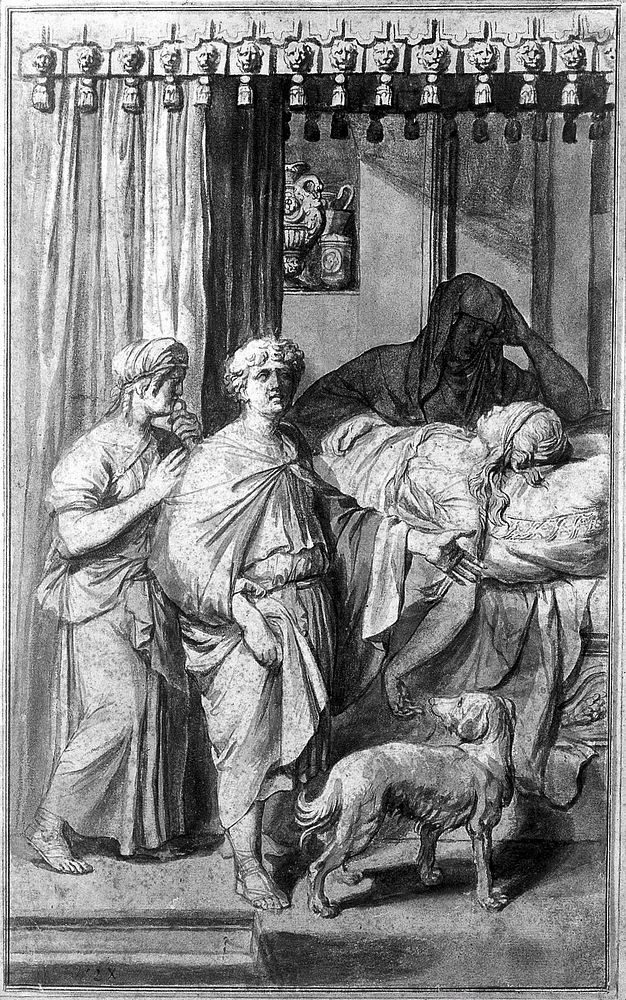 A sick, dying or dead woman lying on a bed in the presence of three figures. Drawing.