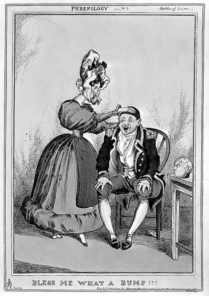 A smartly dressed woman examining the head of a military man. Coloured etching attributed to W. Heath, ca 1830.