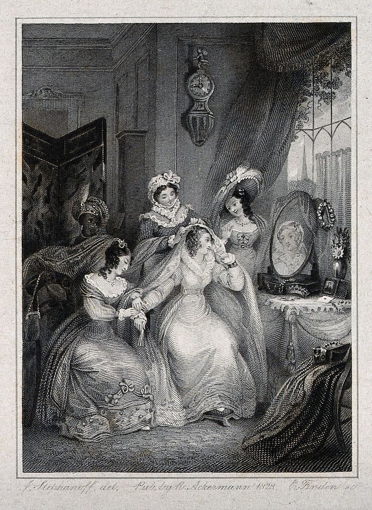 A seated woman at her dressing table surrounded by two women, a maidservant and a boy servant. Engraving, 1828, by E. Finden…