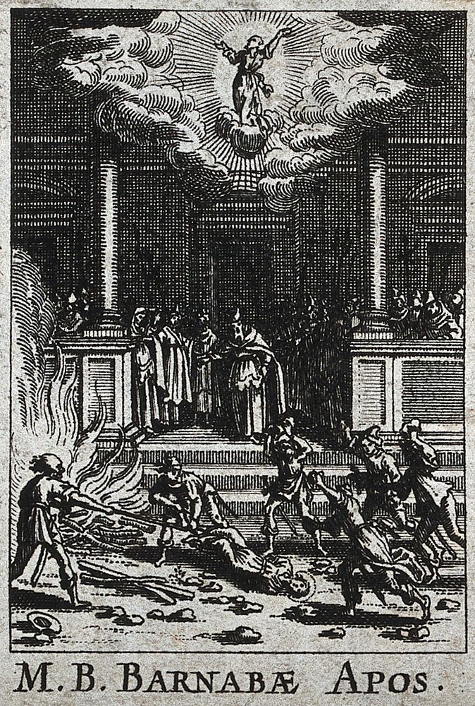 Saint Barnabas: his martyrdom. Etching after J. Callot.
