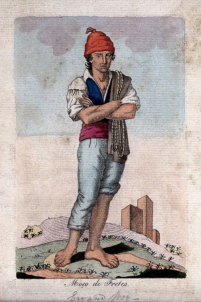 A boy stands on a hill with a city behind him. Coloured engraving.
