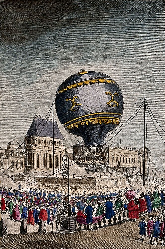 Crowds of people are watching in the streets as a balloon leaves the ground. Coloured etching after Char. de Lovinier.