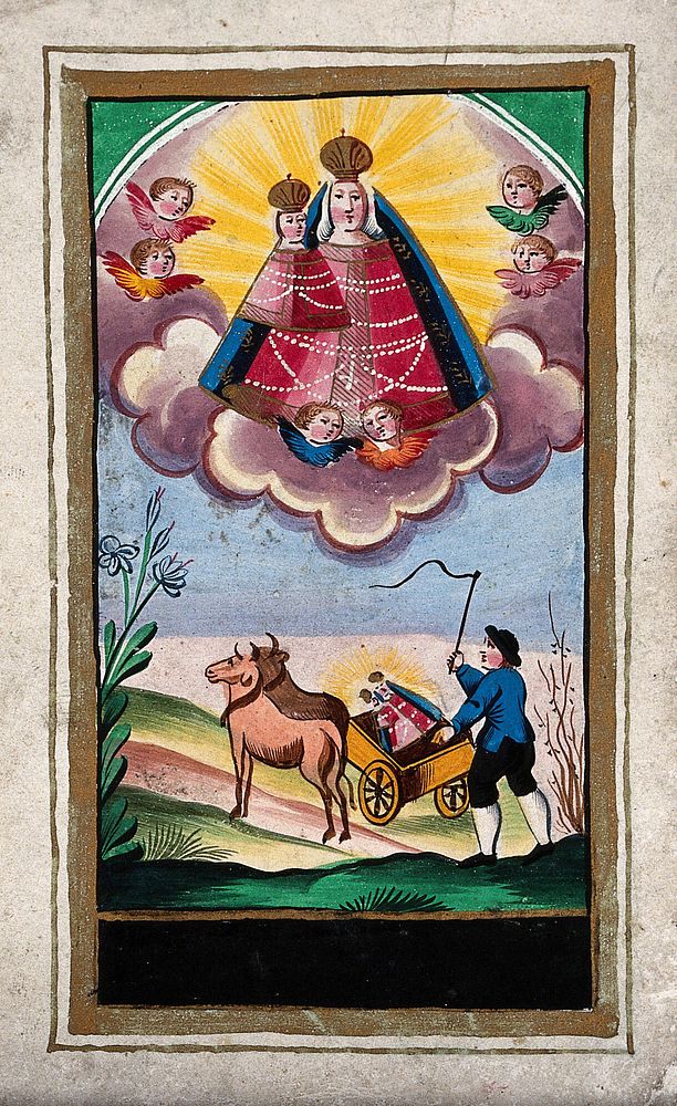 The Virgin of Mariazell protecting a peasant who carries her image with him. Gouache.