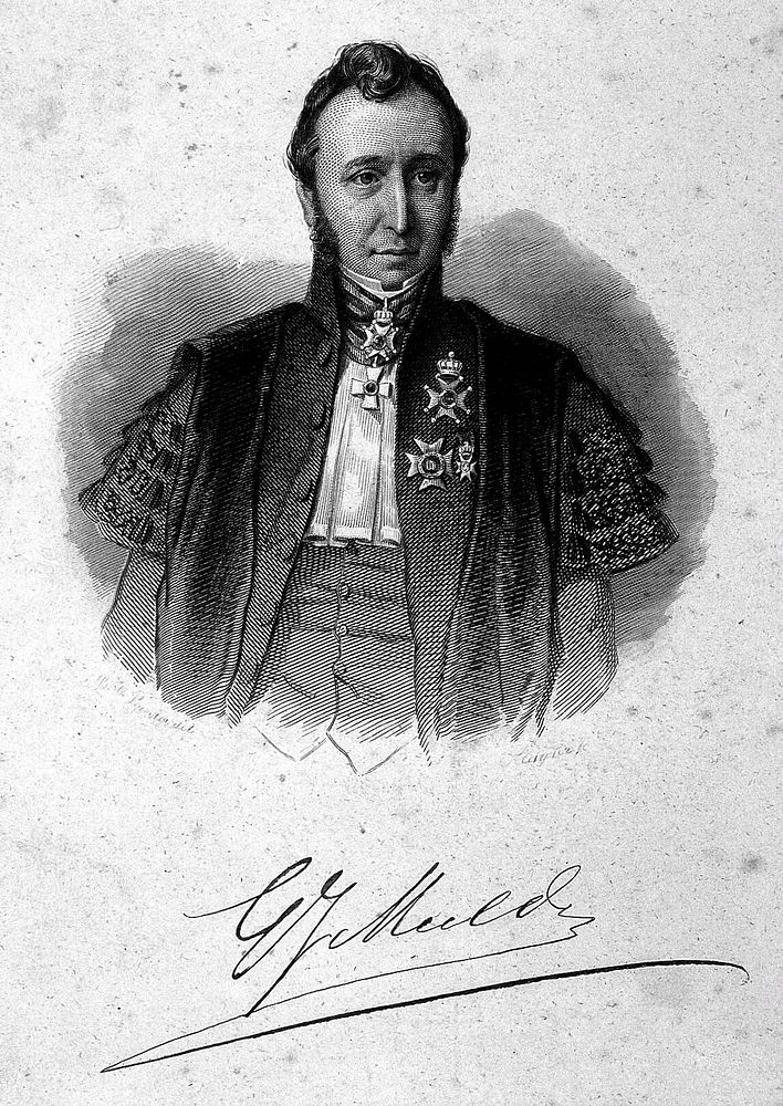 Gerardus Johann Mulder. Line engraving by D. J. Sluyter, 1854, after B. de Porter.