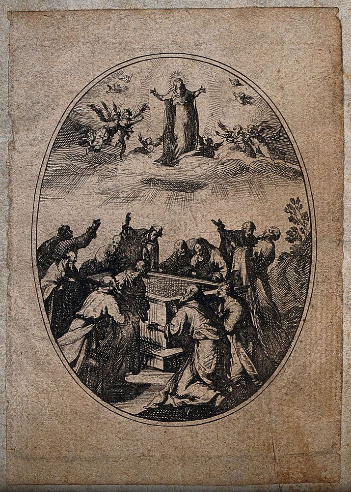 The apostles around the empty tomb watch the Assumption of the Virgin. Engraving.