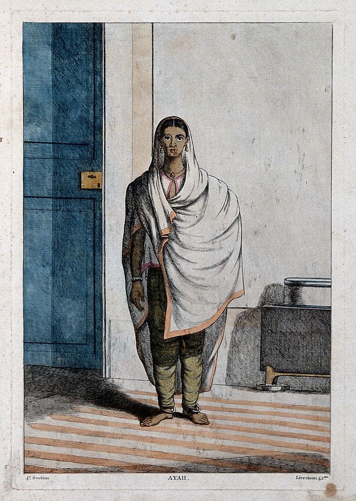 Ayah, or female attendant for European and Indian women, Calcutta, West Bengal. Coloured etching by François Balthazar…