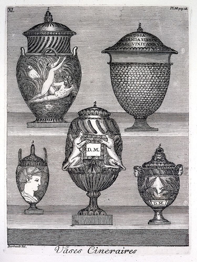 Five cremation urns. Etching after J. Barbault.