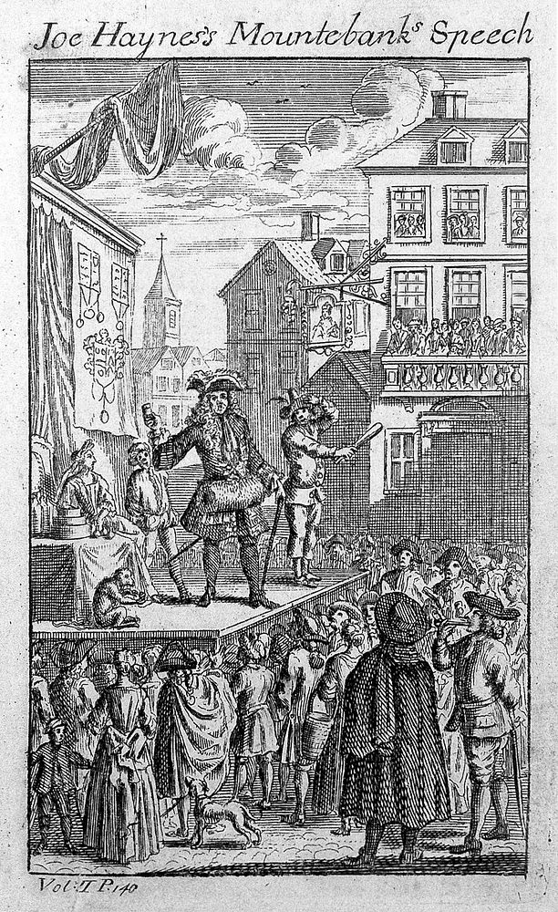 An itinerant medicine vendor selling his wares from a stage to a large audience in a town square. Engraving.