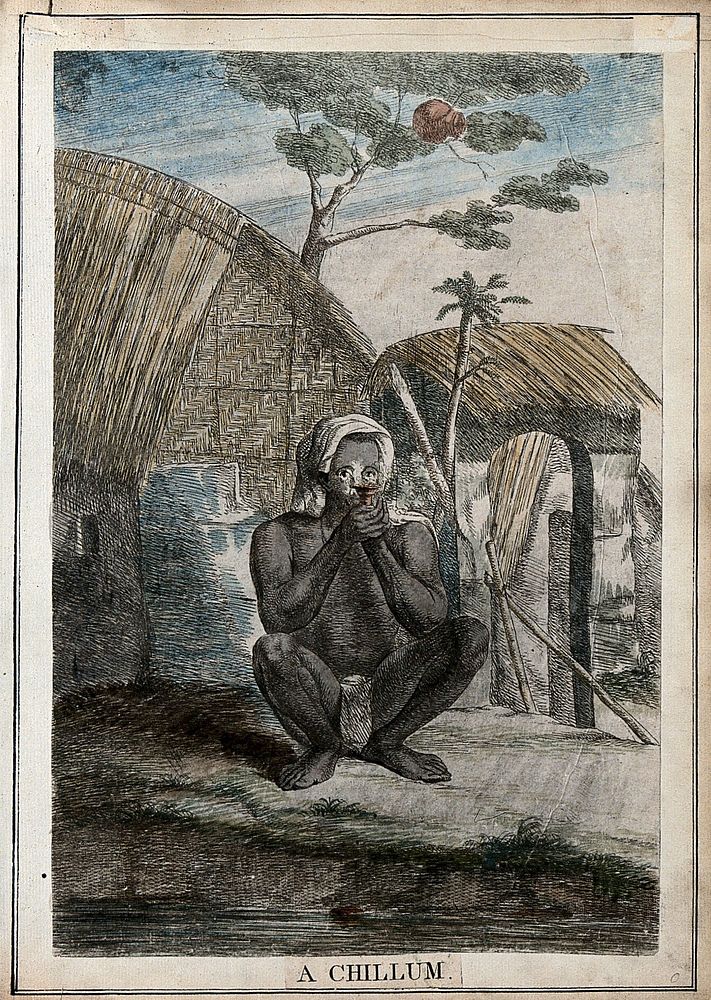 Man smoking chillum outside a hut, Calcutta, West Bengal. Coloured etching by François Balthazar Solvyns, 1799.
