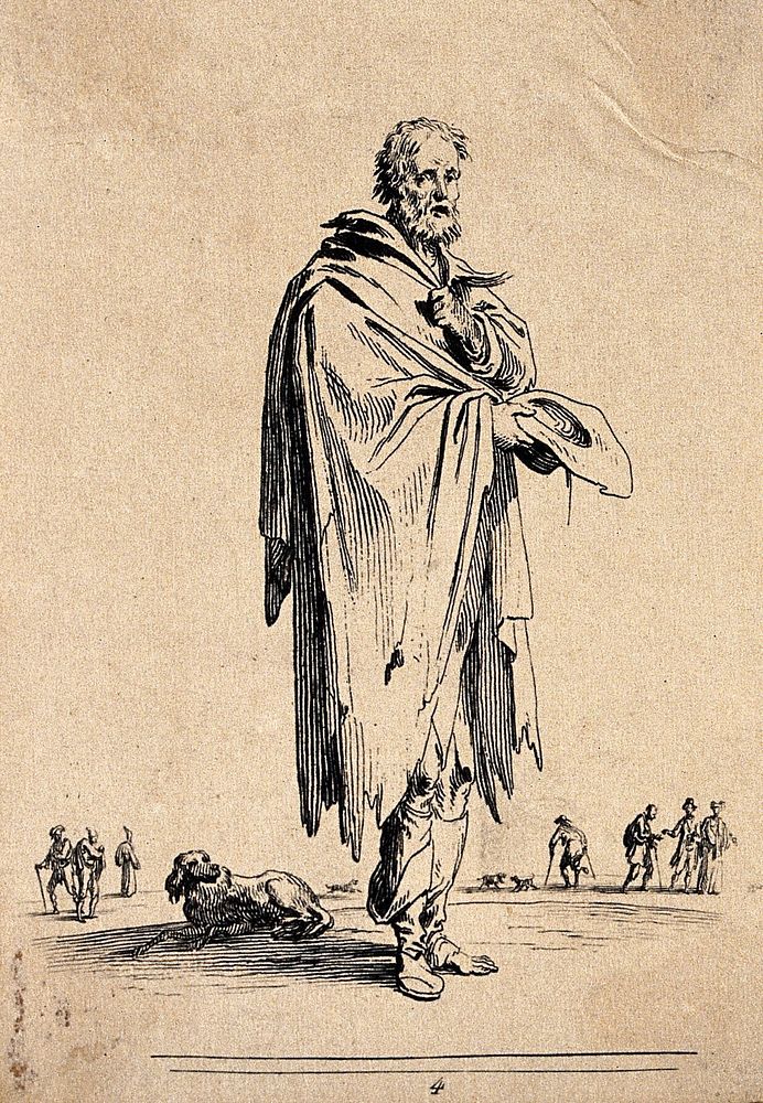 An old man in ragged clothing. Etching by Jean Duplessi-Bertaux.