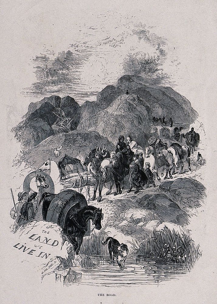Travellers in England in the seventeenth century transporting their animals and belongings on a pack-horse across a rocky…