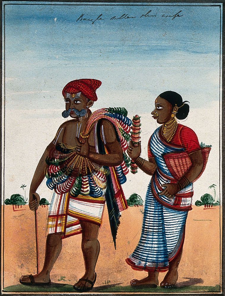 Bangle maker and his wife. Watercolour drawing.