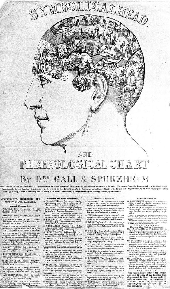 A head containing over thirty images symbolising the phrenological faculties. Wood engraving, c. 1845, after O.S. Fowler .