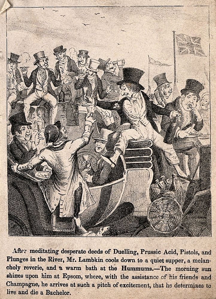 Mr. Lambkin drunk on champagne sitting in a carriage at Epsom with lots of other drunken bachelors. Lithograph by G.…