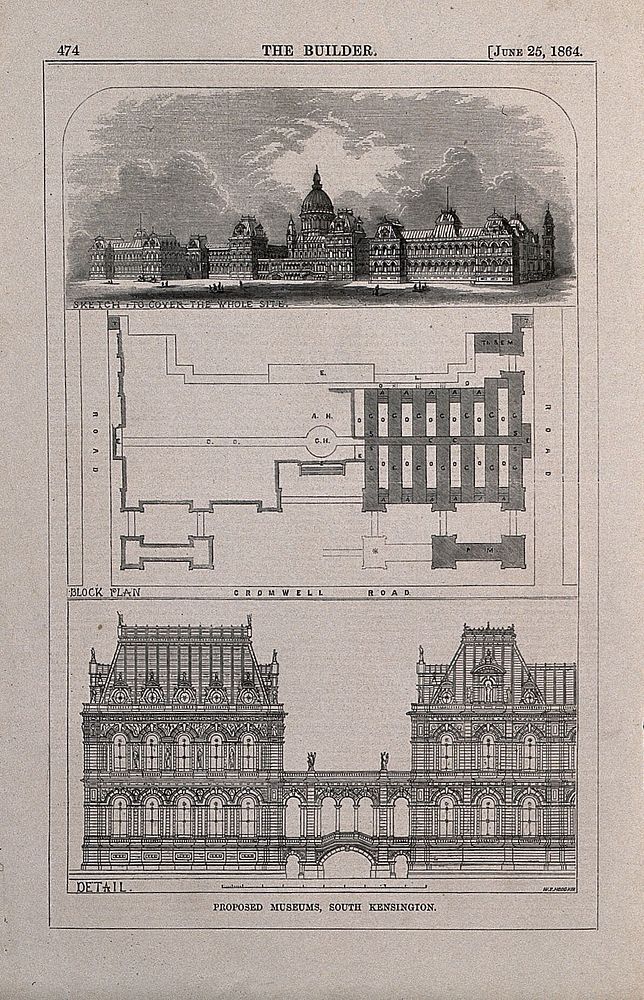 Design for museums at south Kensington. Wood engraving by W. E. Hodgkin after R. Kerr, 1864.