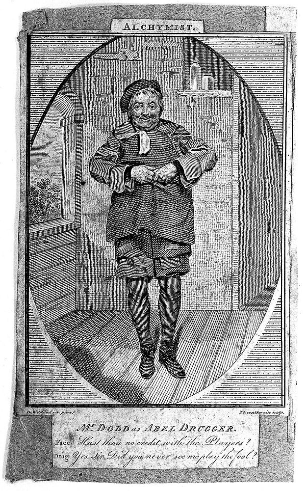 The actor Dodd as Abel Drugger in Ben Jonson's 'The alchemist'. Engraving by J. Thornthwaite after S. de Wilde.