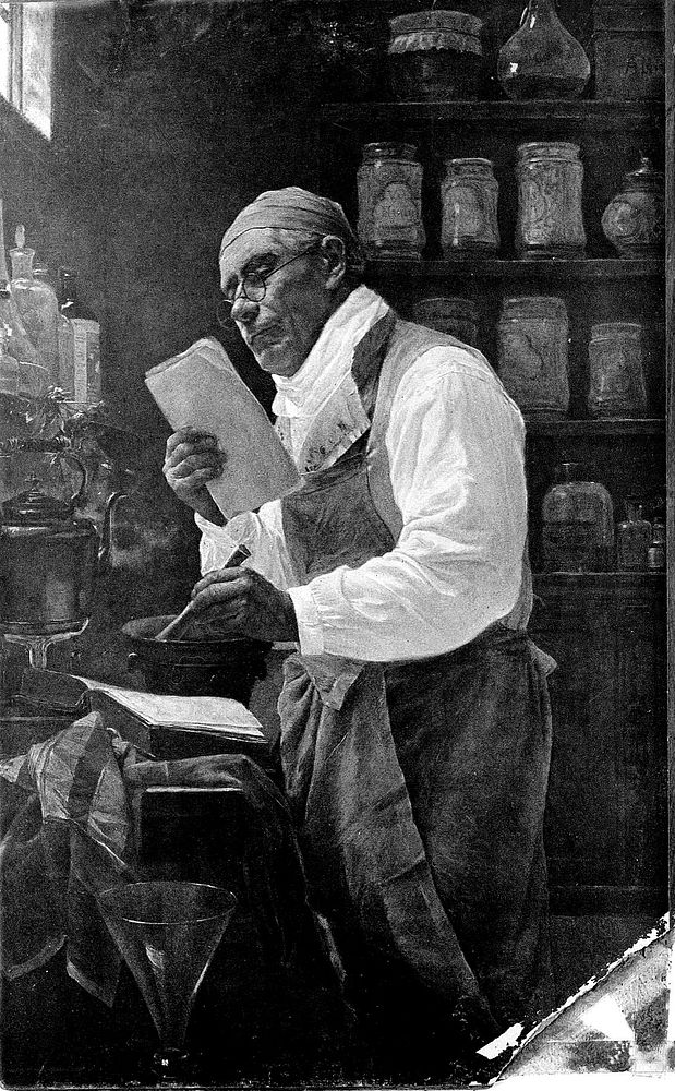 An apothecary making up a prescription in his working room. Chromolithograph, 1901.