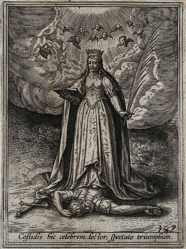 Saint Catherine: she tramples on her persecutor Maxentius, with a fragment of the shattered wheel. Engraving by A. Wierix…
