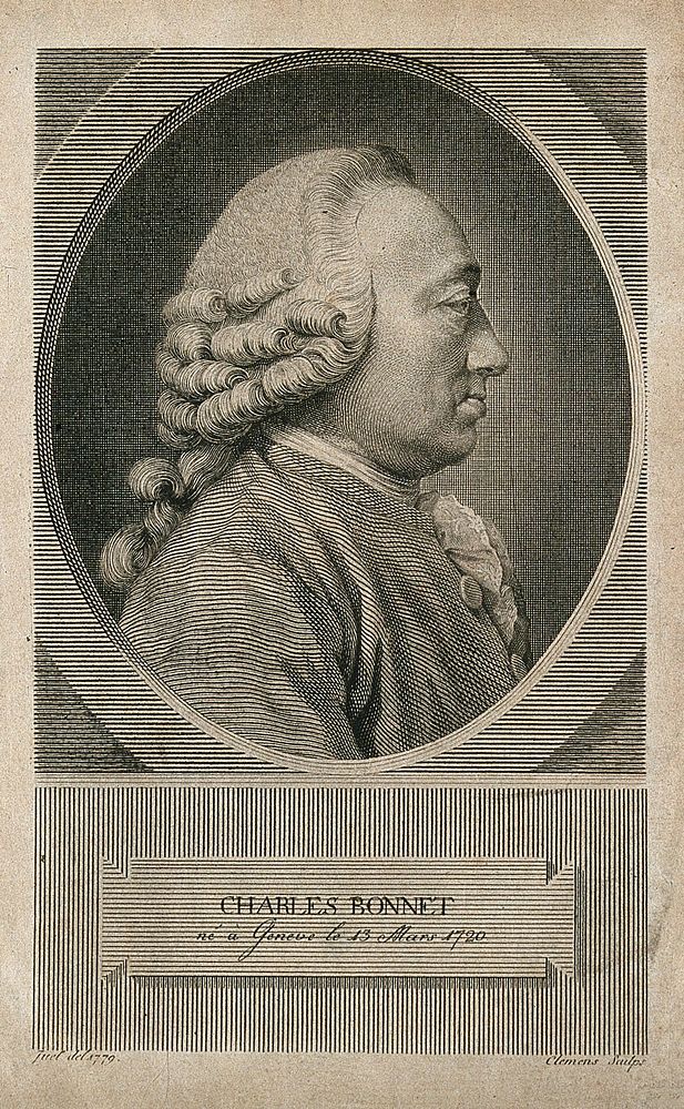Charles Bonnet. Line engraving by J.F. Clemens after J. Juel, 1779.