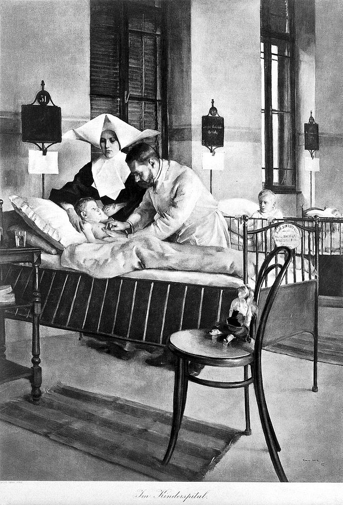 A physician examining a child, who is being comforted by a nurse in the ward of a childrens' hospital. Photogravure by…