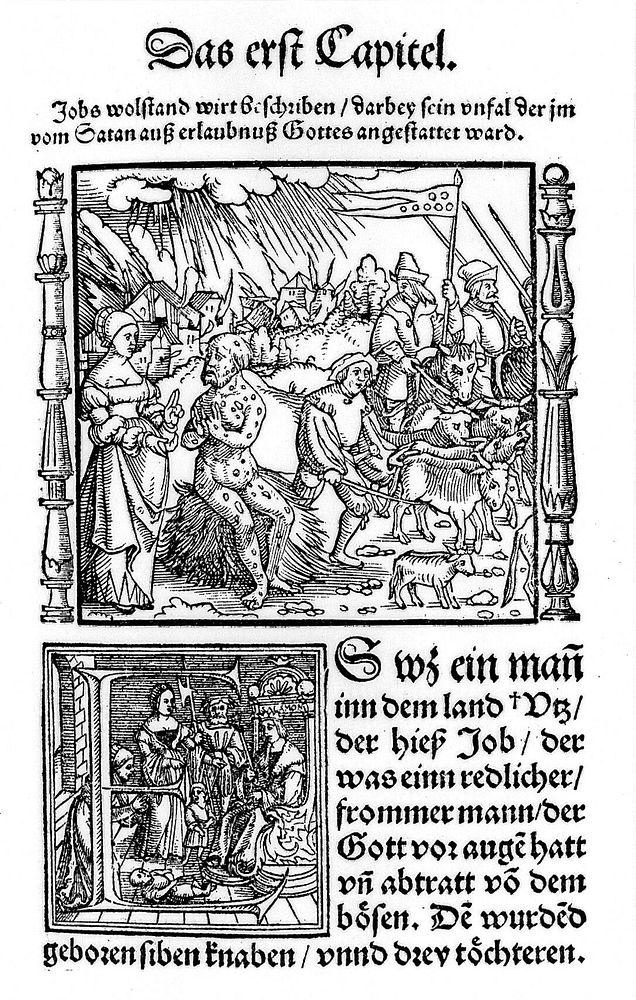 Job covered with sores, woodcut 1531.