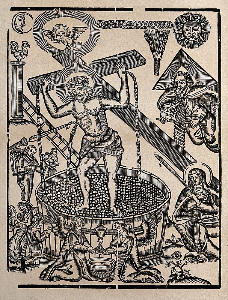 Christ in the Winepress, with the Virgin of Sorrows and the Instruments of the Passion. Woodcut after H.J. Wierix, ca. 1700.