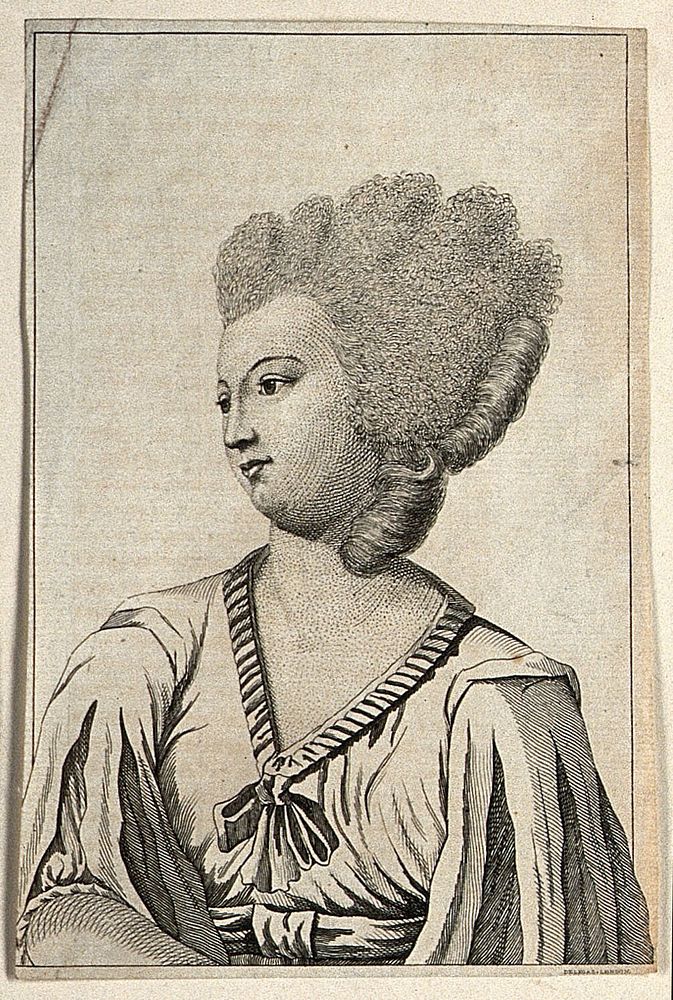 The head and shoulders of a woman in profile to the right wearing curled hair-pieces attached to her natural hair. Engraving…