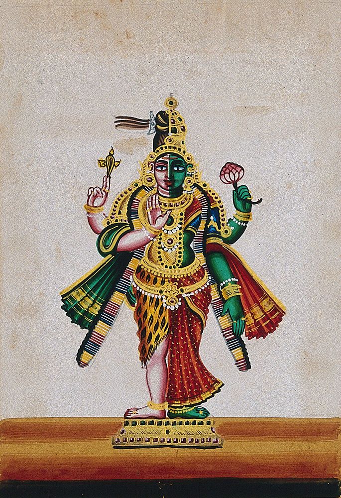 Ardhanarishwara; a half male-half female form, representing the culmination of Shiva and Parvati. Gouache painting by an…
