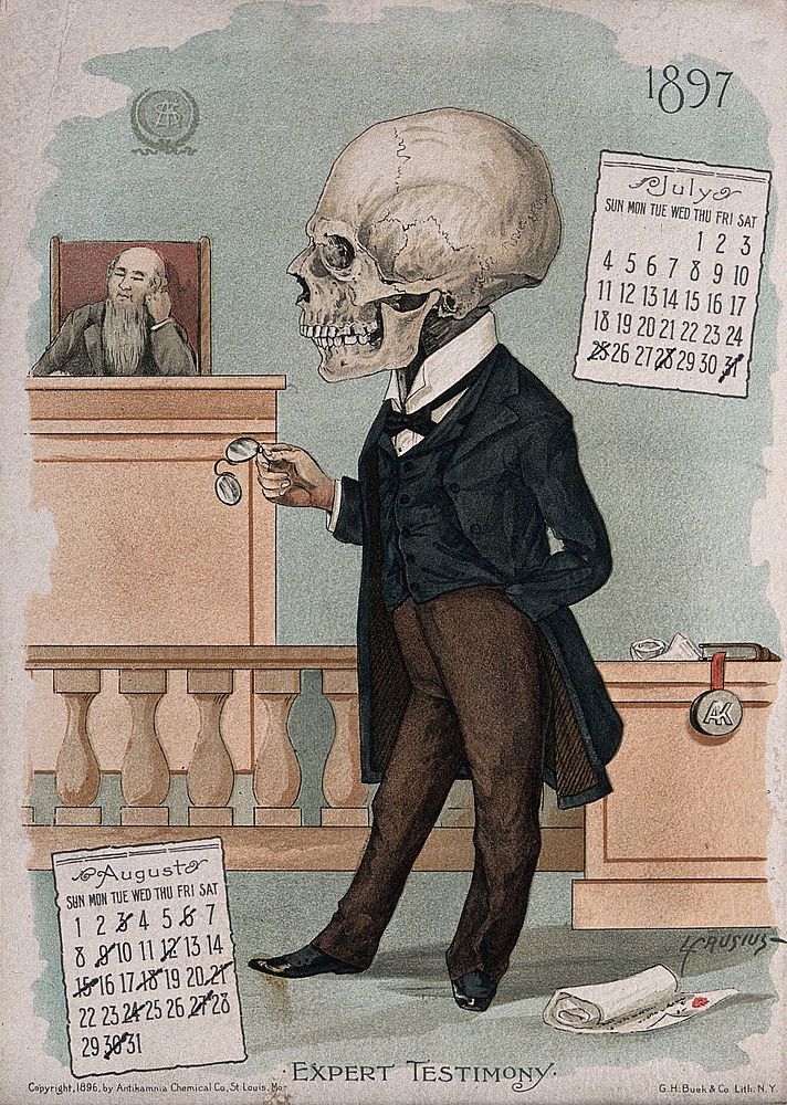 A skeletal man testifies at court. Lithograph by L. Crusius, 1897.