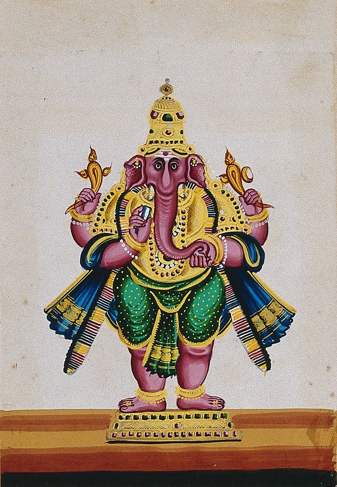 Ganpati, the destroyer of obstacles. Gouache painting by an Indian artist.