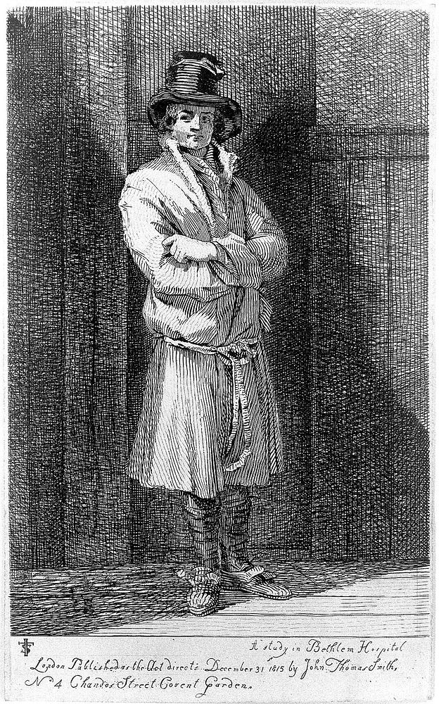 A characterful patient at Bethlem hospital, London. Etching by J.T. Smith, 1815.