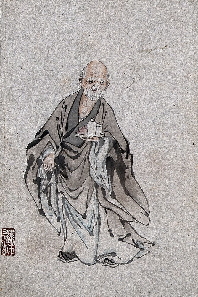 A Chinese man standing holding three vessels on a tray. Watercolour.