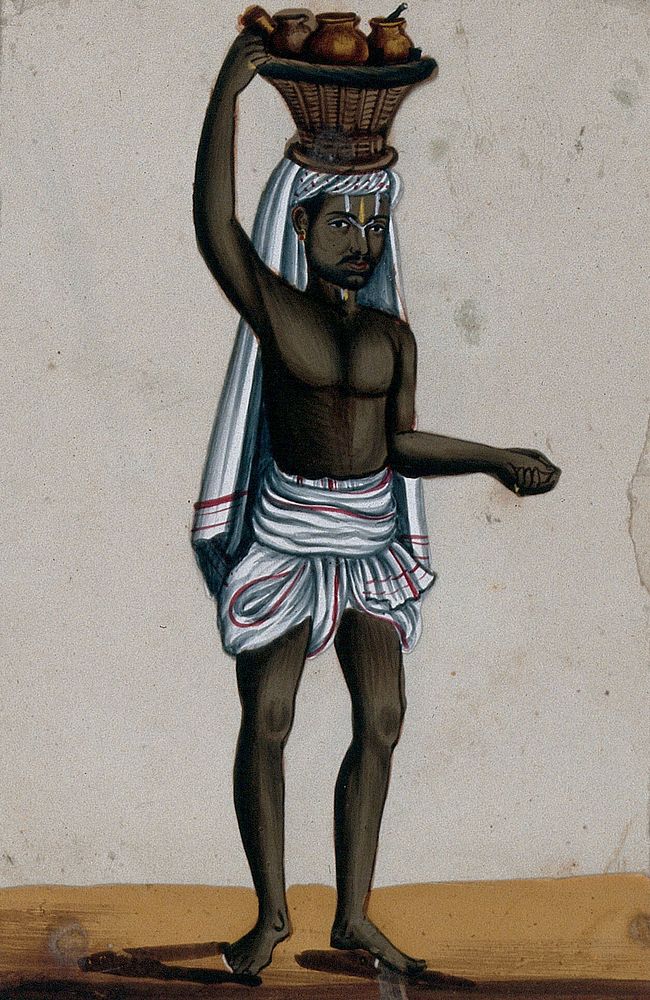 A oil monger carrying a basket with pots filled with oil on his head. Gouache painting on mica by an Indian artist.